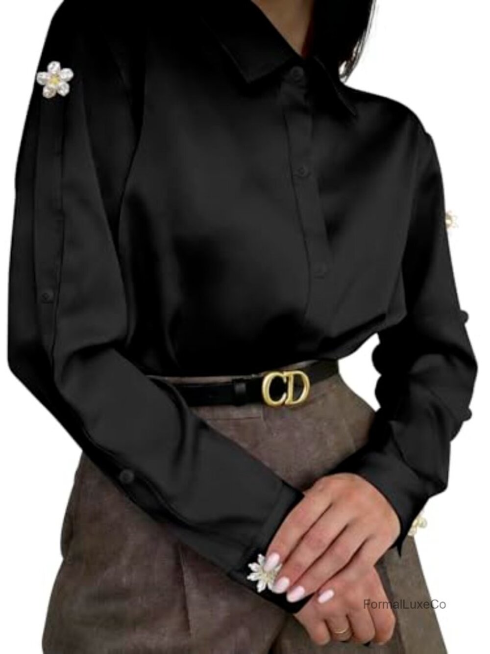Satin Button Down Blouse with Pearl Flower Embellishments Long Sleeve
